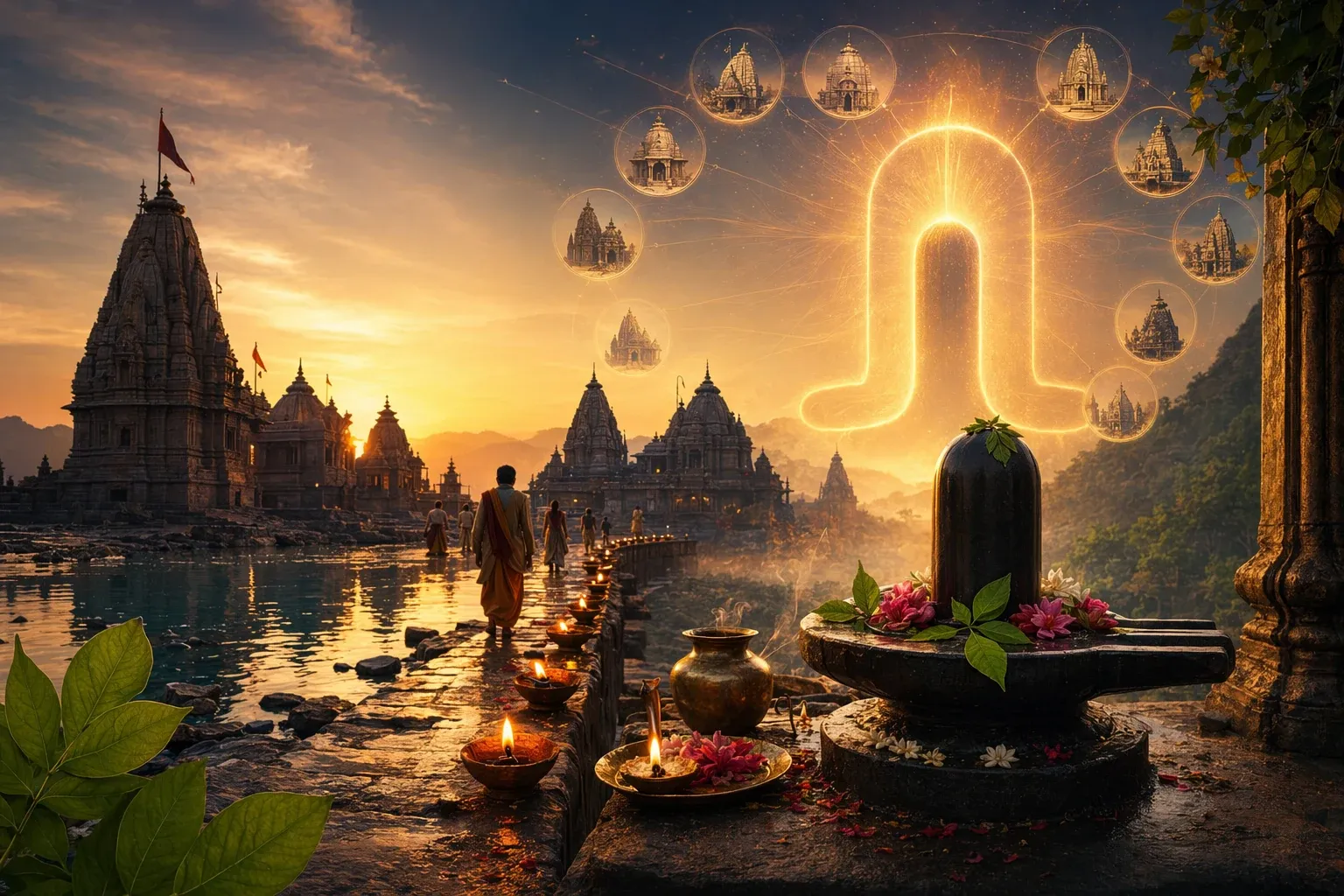 Respectful Shiva temple and Jyotirlinga pilgrimage illustration for Jyotirlinga Stotram: Meaning, 12 Names, and How It Helps You Remember the Shrines.