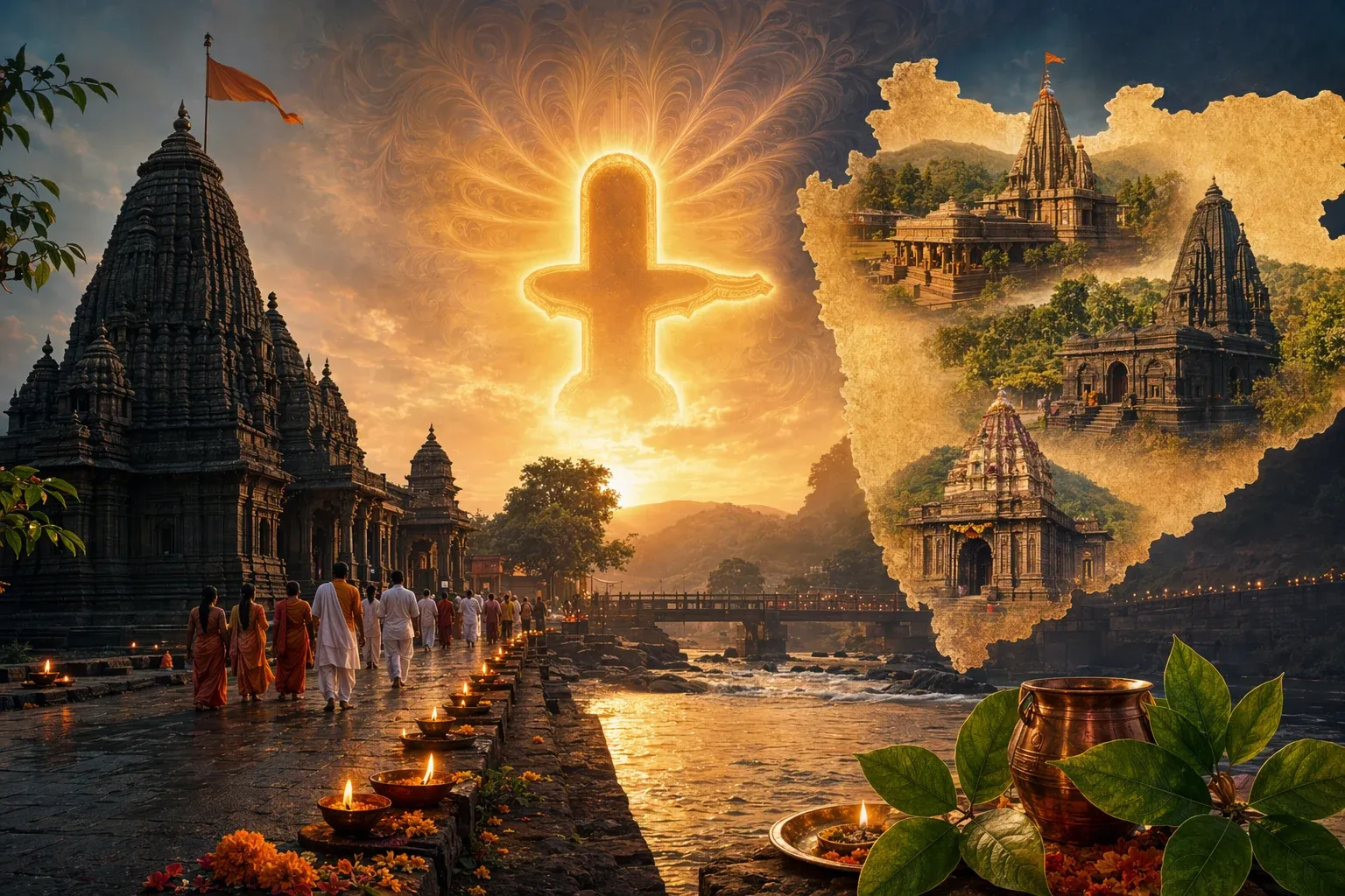Respectful Shiva temple and Jyotirlinga pilgrimage illustration for Jyotirlingas in Maharashtra: Names, Locations, and Why They Are Important.
