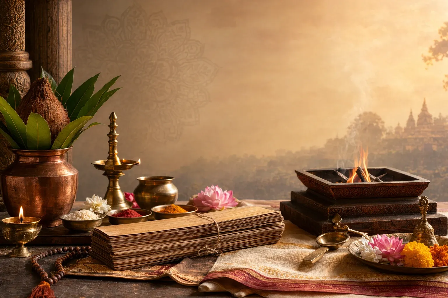 Kalpa Vedanga: Ritual Rules, Sutras and Daily Practice Explained illustration with manuscripts, lamp, and Indian learning symbols.