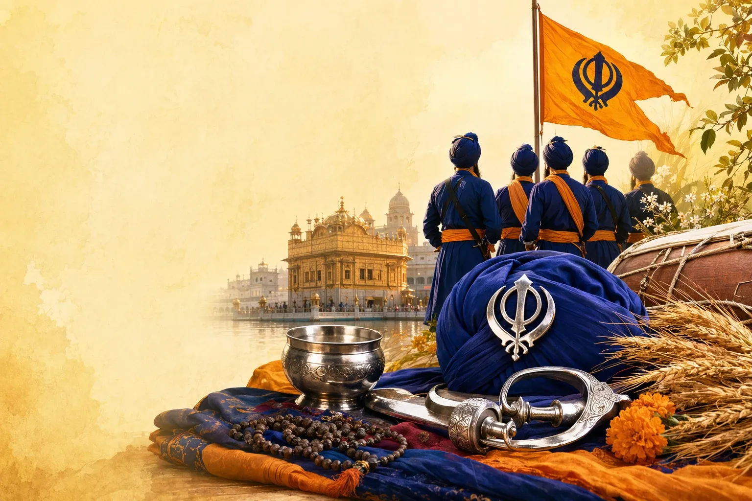 Editorial illustration for What Is Khalsa in Sikhism? Vaisakhi and the Sikh Identity: Sikh cultural symbols and article-specific scene presented respectfully for a Bhaktilipi beginner guide.