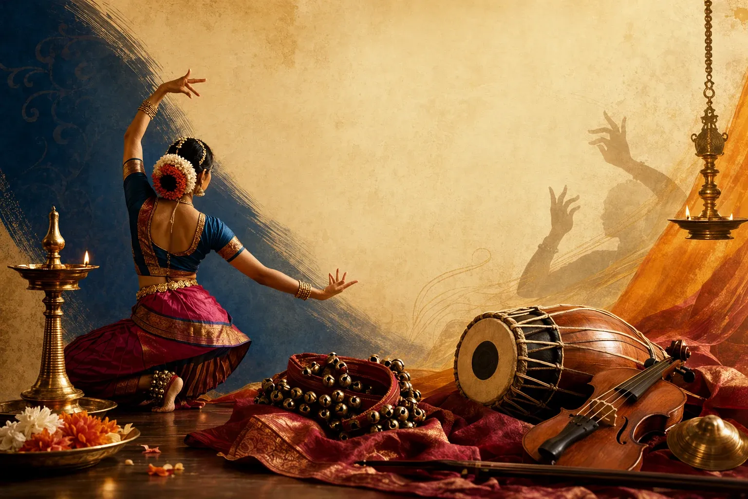 Kuchipudi-inspired classical dancer with ankle bells, stage lamp, musicians, and performance details for a beginner guide.