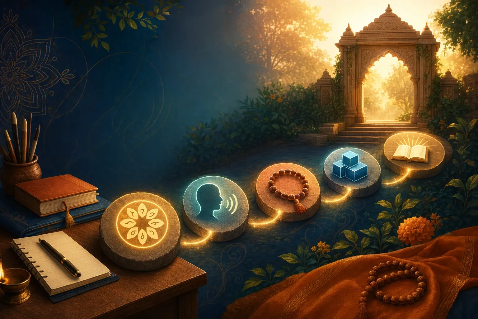 Beginner Sanskrit learning roadmap shown as illuminated stepping stones from a study desk toward a heritage arch with icons for sounds, words, grammar, and shloka reading.