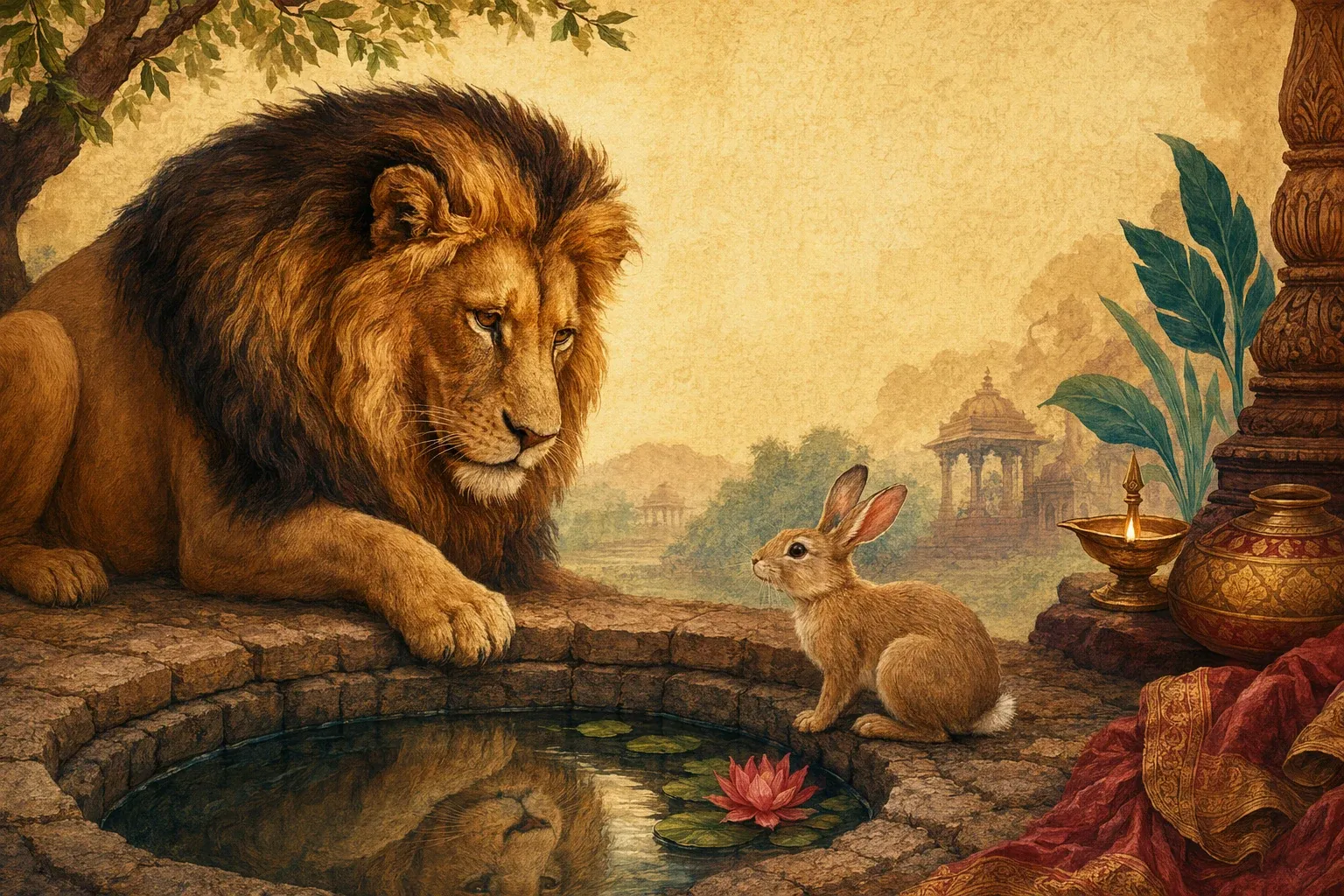 The Lion and the Rabbit: Panchatantra Story Meaning illustration with Panchatantra-style animals, books, Indian storytelling mood, and warm educational setting.
