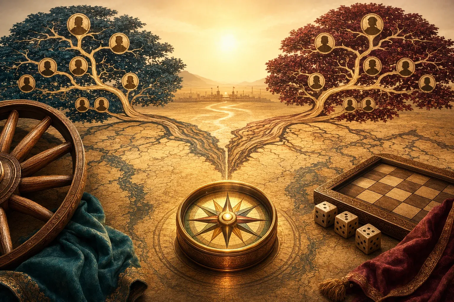 Symbolic Mahabharata illustration with epic motifs, dharma imagery, a chariot wheel, dice, and family-tree elements for a beginner guide.