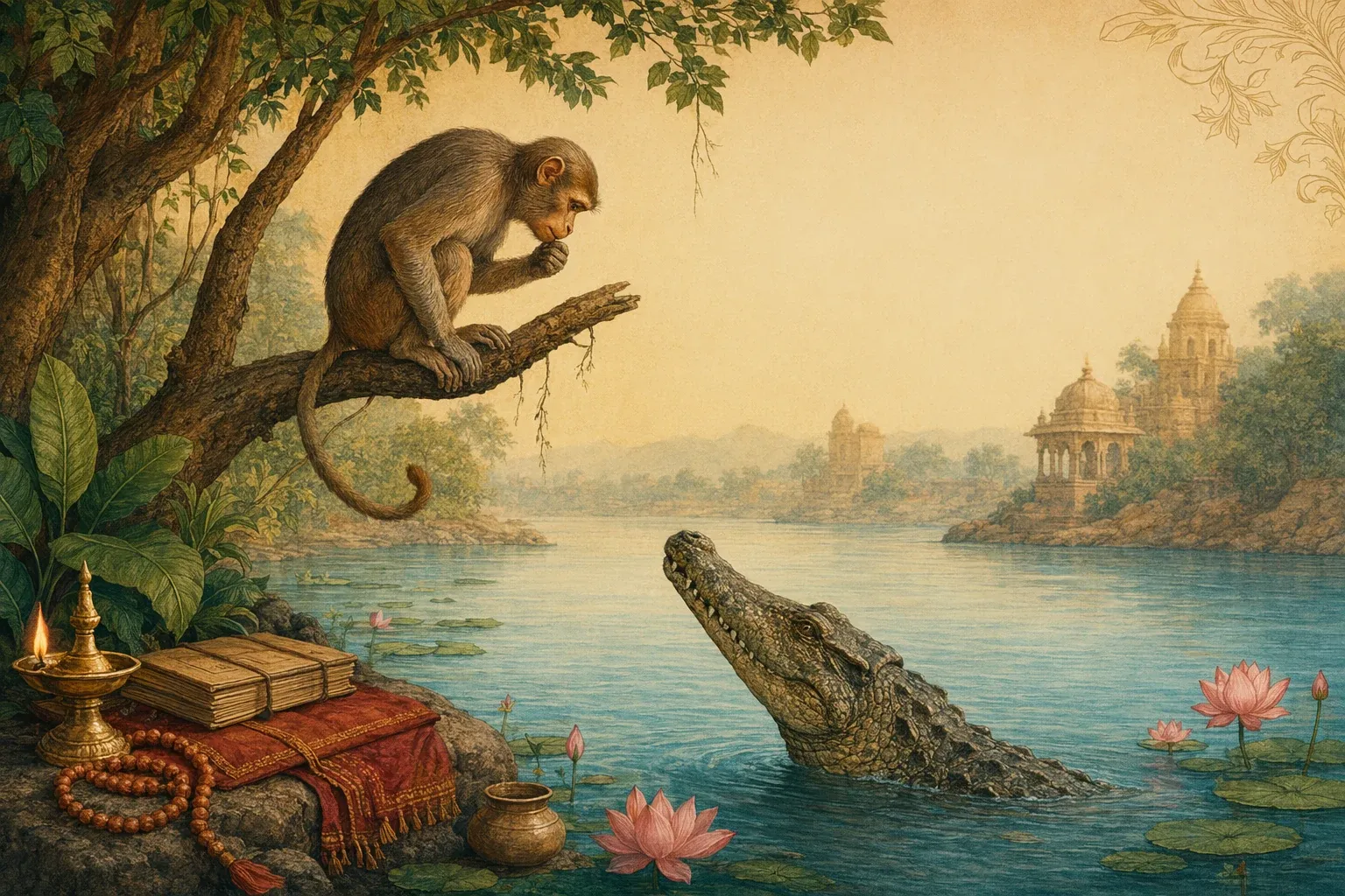 The Monkey and the Crocodile: Panchatantra Story Meaning illustration with Panchatantra-style animals, books, Indian storytelling mood, and warm educational setting.