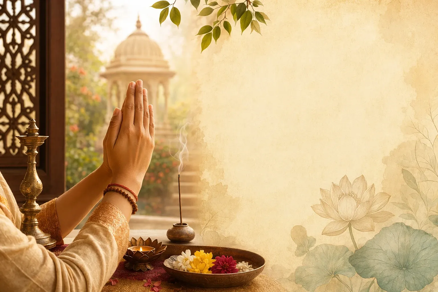 Folded hands in a Namaste greeting beside a diya and lotus in a warm Indian cultural setting.