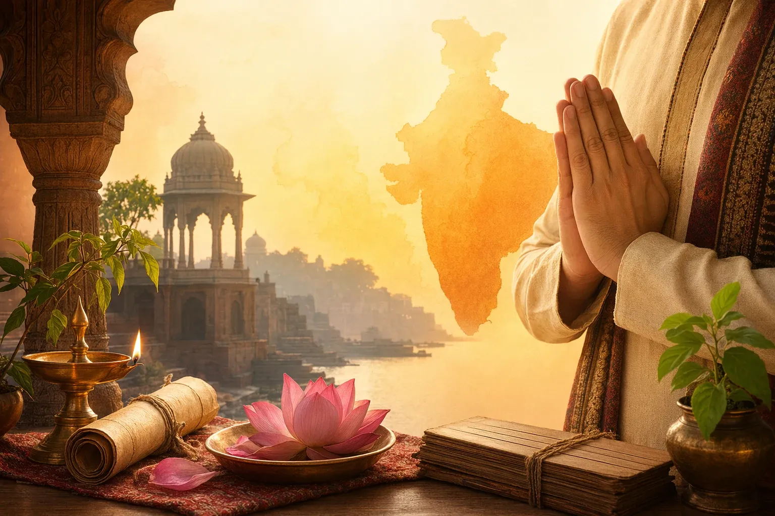 Folded hands beside Sanskrit-style books, a lotus, and Indian architecture to show Namaste language origins.