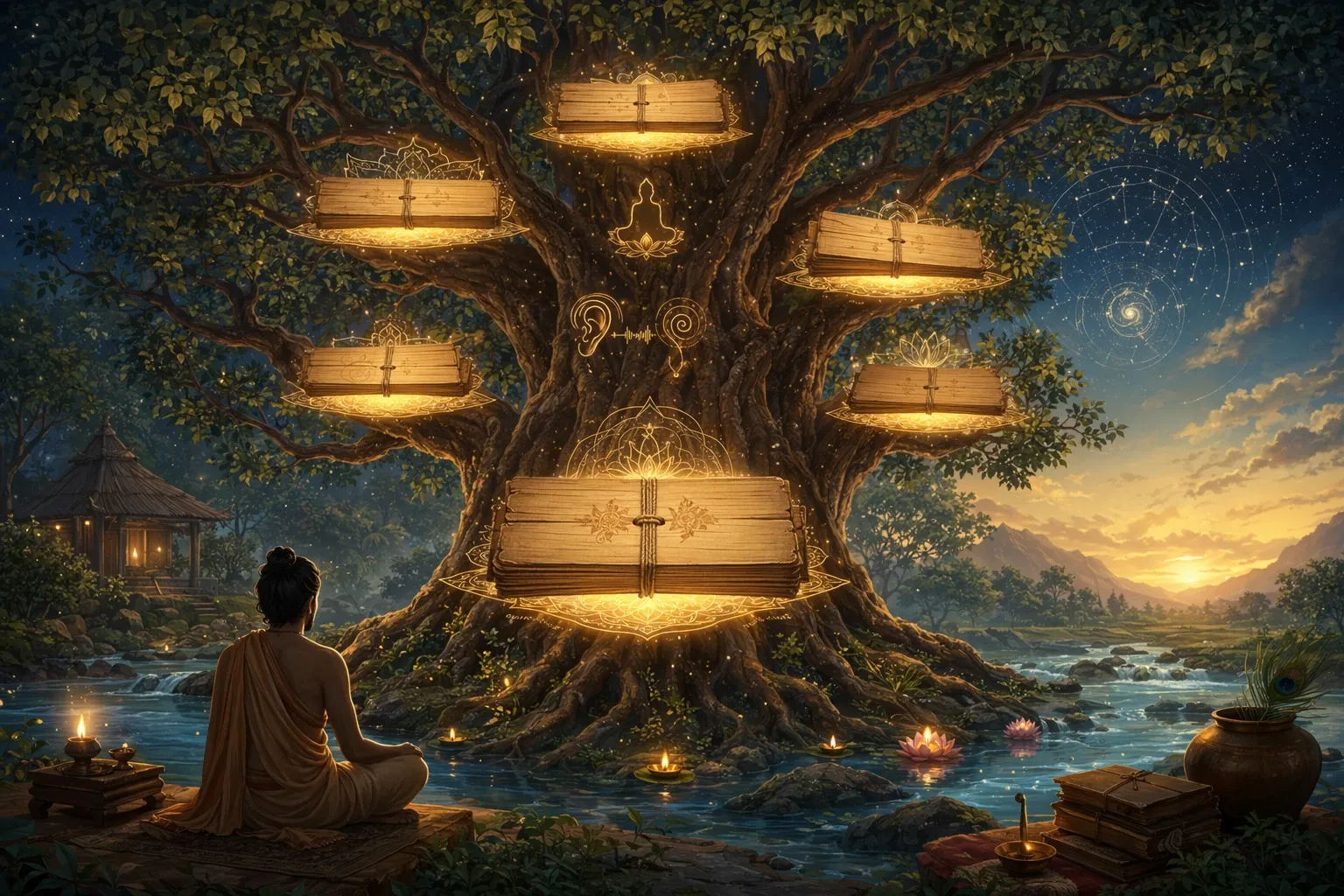 Symbolic Upanishads illustration with ancient tree of knowledge with major manuscript leaves glowing at different heights, river roots, starry sky, and a central old palm-leaf bundle.