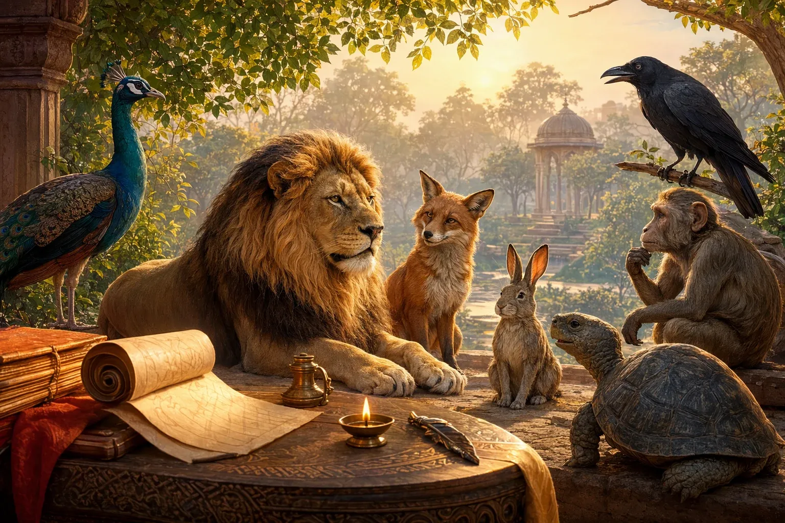 Panchatantra Characters and Animal Fables Explained illustration with Panchatantra-style animals, books, Indian storytelling mood, and warm educational setting.