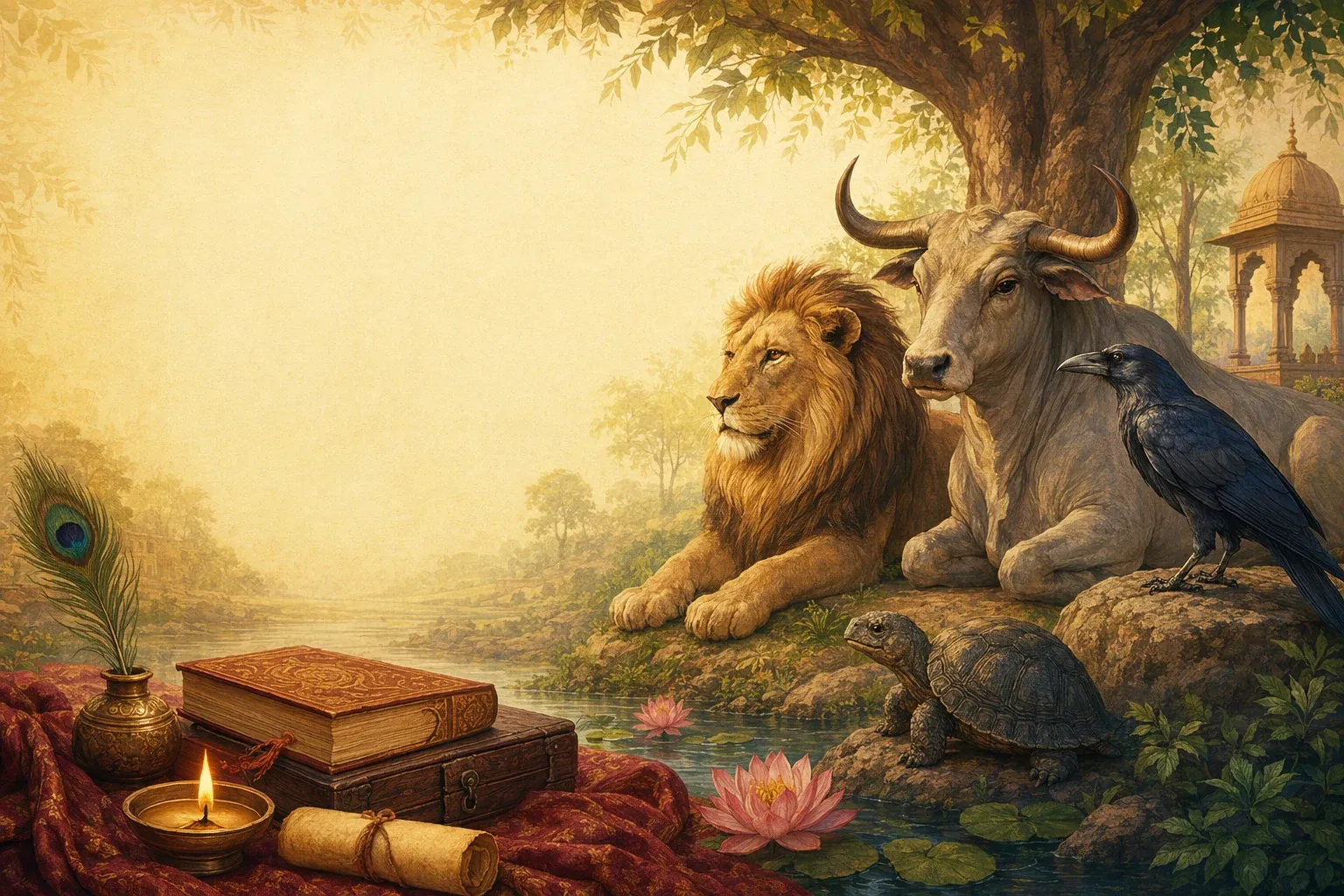 Panchatantra Lessons for Modern Life: Friendship, Wisdom and Choices illustration with Panchatantra-style animals, books, Indian storytelling mood, and warm educational setting.