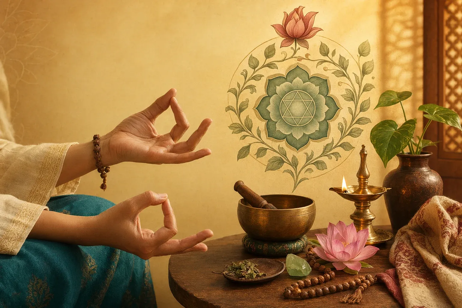 Hands in a gentle mudra near a clean mandala, diya, and calm meditation space for a balanced chakra practice guide.