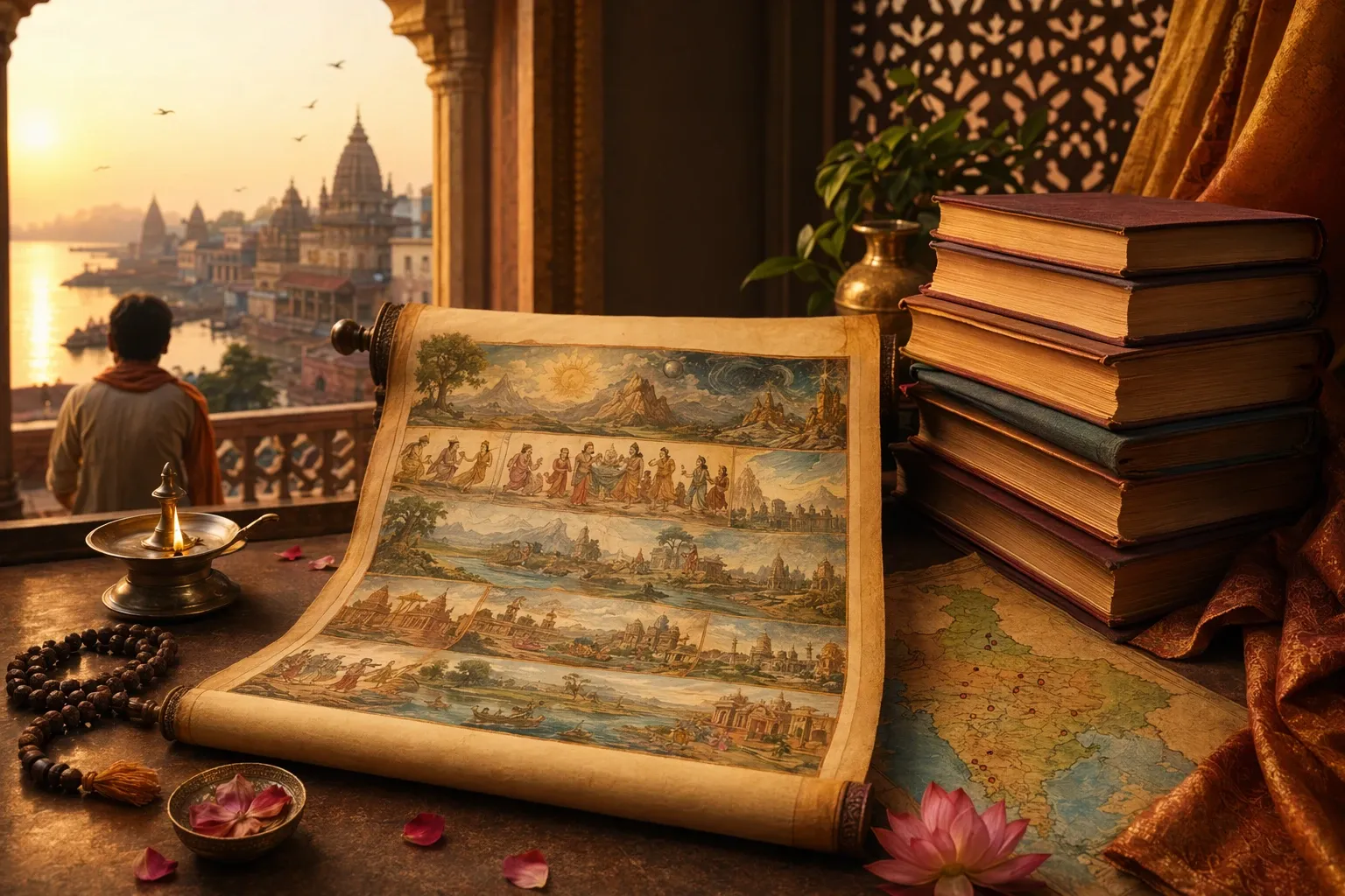 Illustration of sacred texts, scrolls, temple scenery, and devotional objects for a beginner guide to the Puranas.