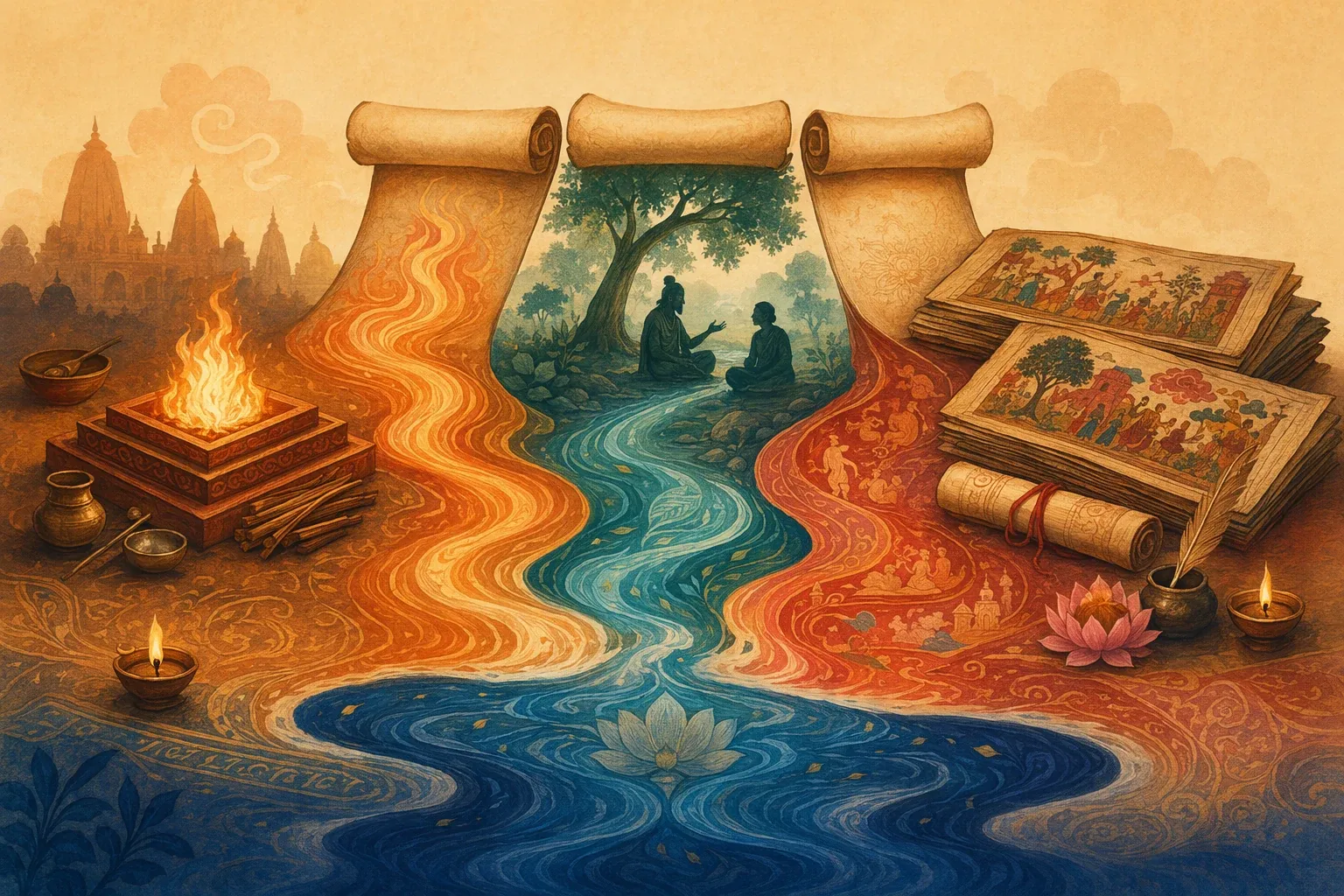 Three symbolic knowledge streams flowing side by side to represent Vedas, Upanishads, and Puranas as related but different traditions.