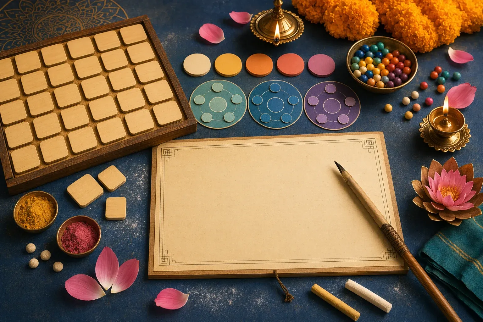 Educational Sanskrit alphabet concept with blank learning tiles, a reed pen, parchment board, colored bead groups, and abstract sound-category circles; no readable letters or numbers.