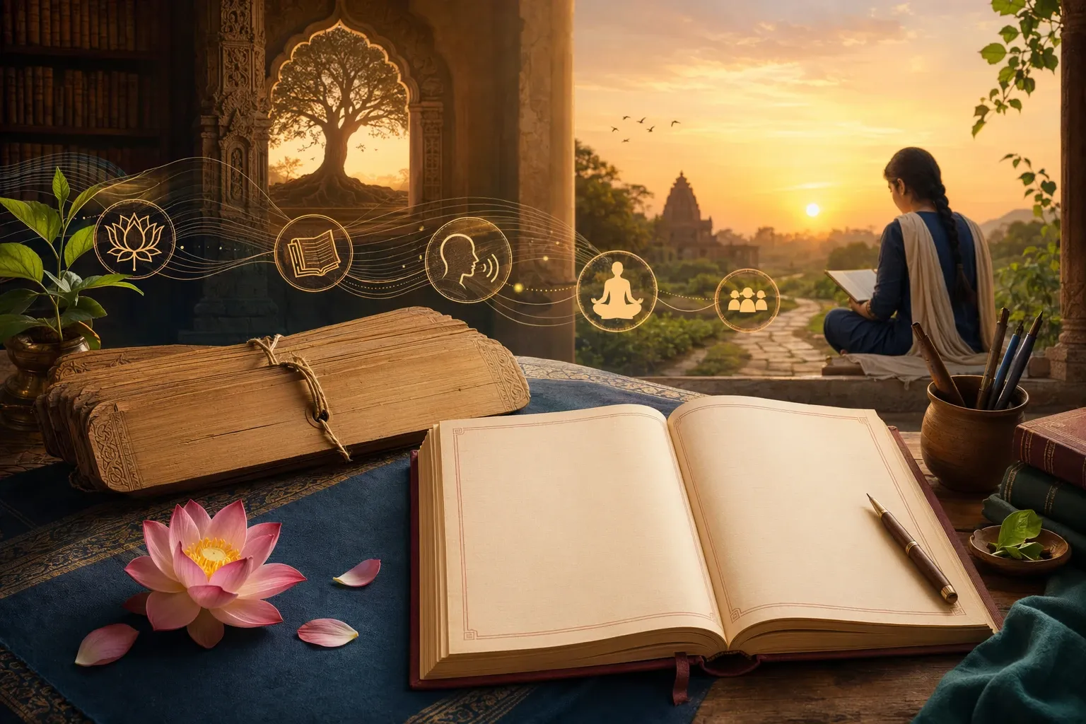 Symbolic Sanskrit learning illustration with manuscript, diya, lotus, pronunciation waves, and sunrise study ambience.