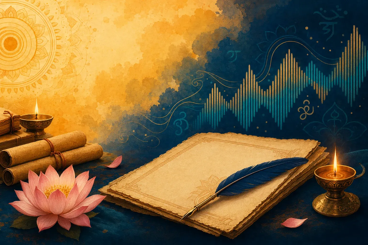 Symbolic Bhaktilipi feature illustration for How to Write a Simple Letter or Leave Application in Sanskrit, using Sanskrit learning motifs and respectful cultural design.