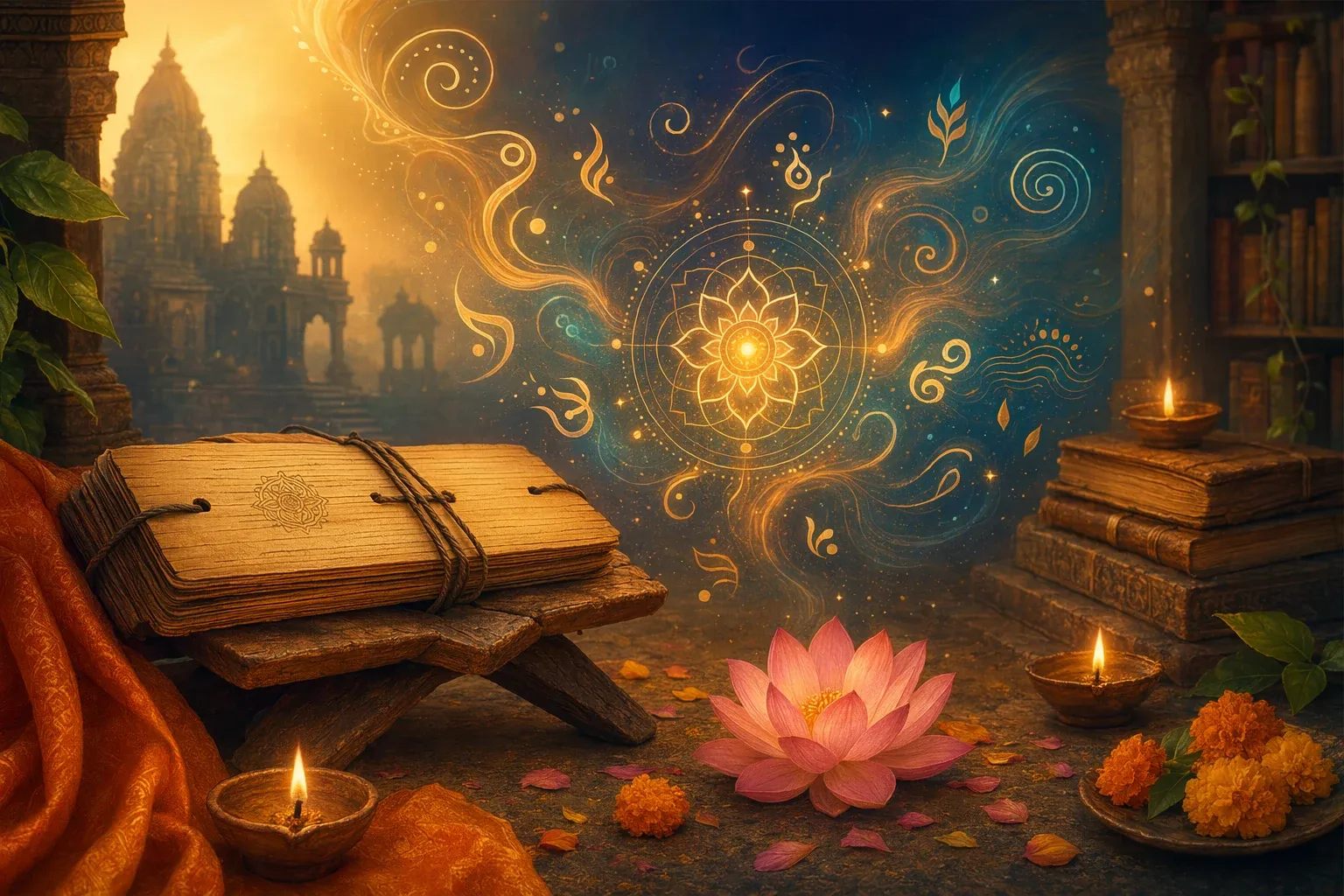 Symbolic illustration of Sanskrit heritage with a palm-leaf manuscript, glowing sound mandala, lotus petals, diyas, and a quiet temple-library silhouette.