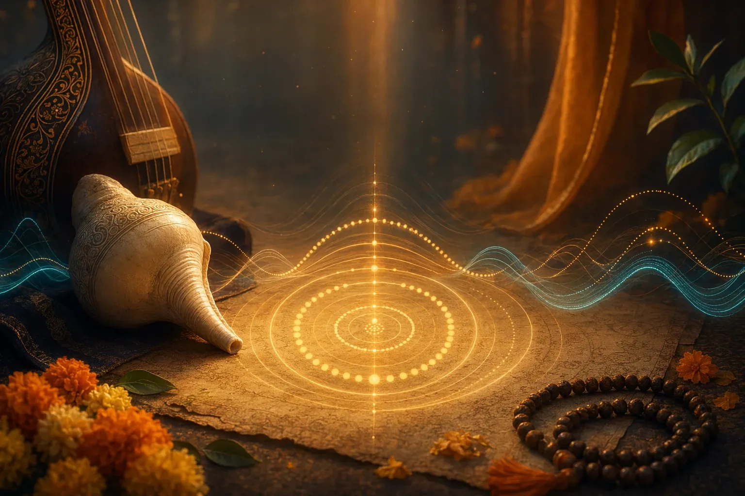 Symbolic Sanskrit pronunciation illustration with a conch shell, resonance lines, bead-like sound waves, and a glowing circular breath rhythm pattern.