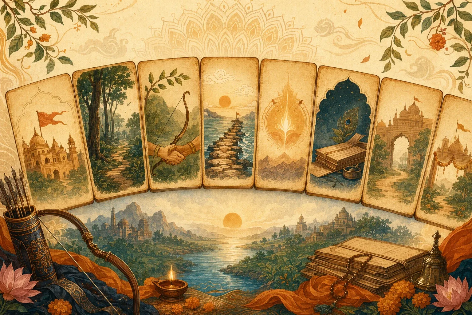 Seven blank manuscript panels with symbolic motifs for the seven kandas of the Ramayana, arranged as a simple visual roadmap.