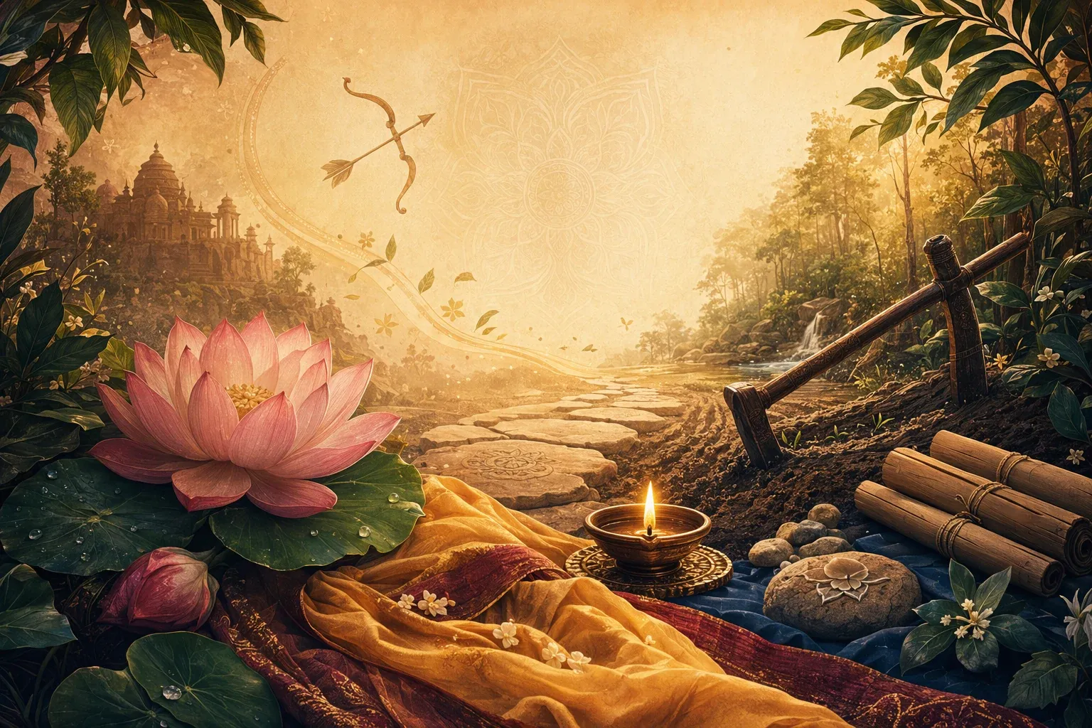 Lotus garden path with a radiant lamp, earth furrow motif, and forest leaves symbolizing Sita’s strength, dignity, and dharma.