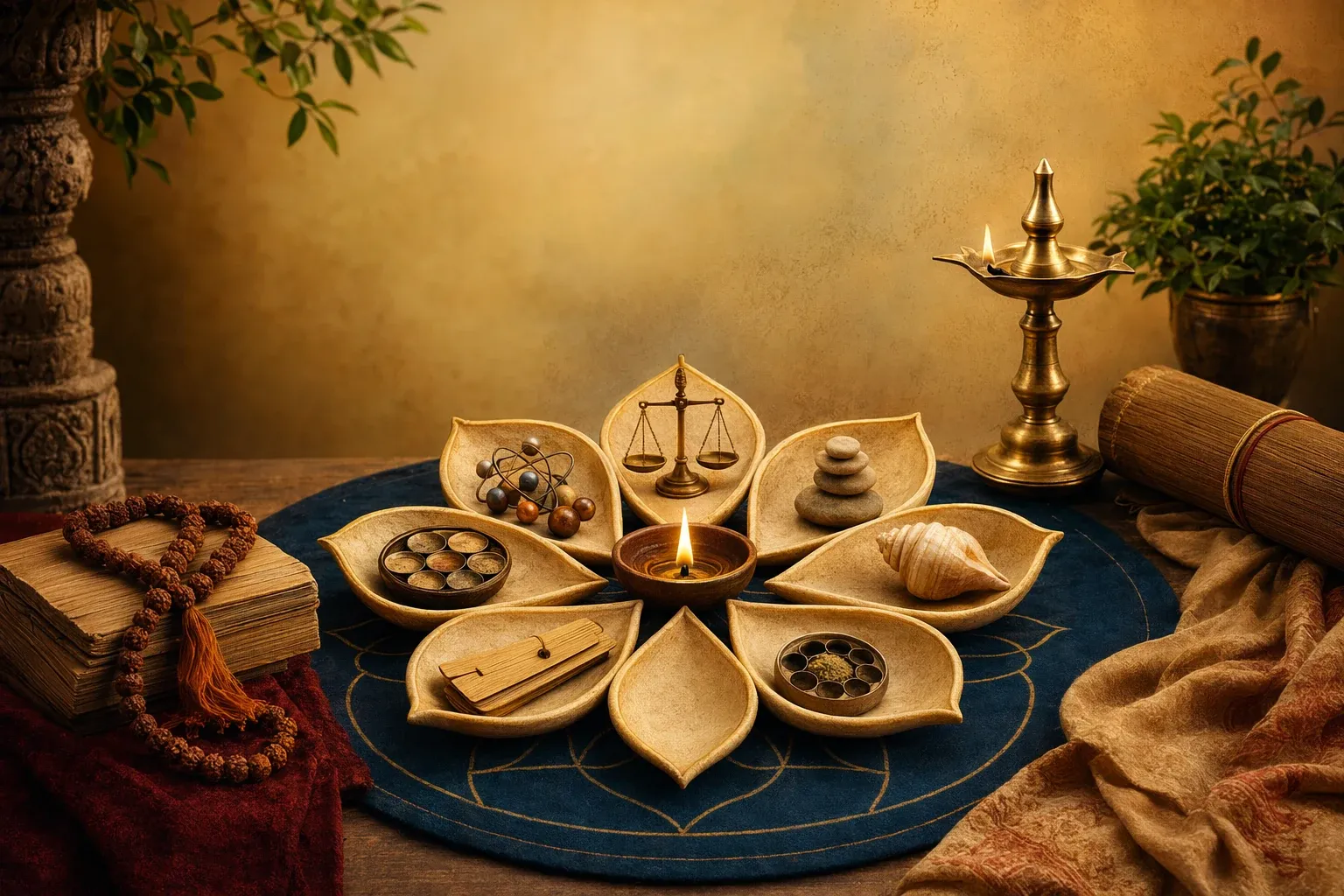 Editorial illustration for The Six Darshanas of Hindu Philosophy Explained Simply: a concrete article-specific Indian cultural editorial scene for The Six Darshanas of Hindu Philosop...