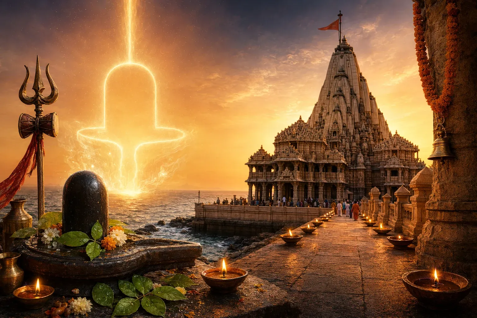 Respectful Shiva temple and Jyotirlinga pilgrimage illustration for Somnath Jyotirlinga: Story, Location, and Why It Is So Famous.
