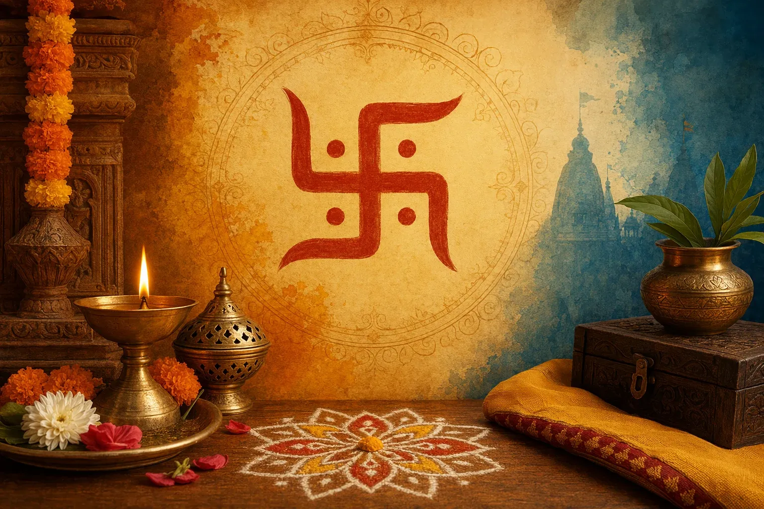 Hindu swastika meaning illustration with puja setting, lamps, rangoli-style motifs, flowers, and respectful auspicious symbolism.