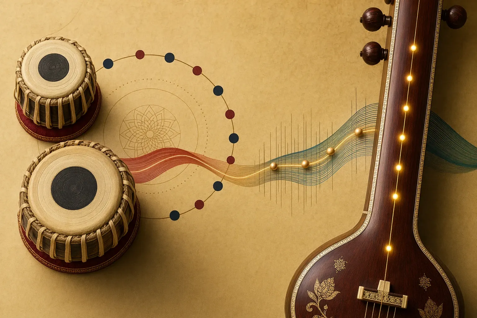 Editorial illustration for Taal, Swara, and Laya: The Rhythm Basics of Indian Classical Music: Taal, swara, and laya explained through a clean object-based visual metaphor: rhythm cy...