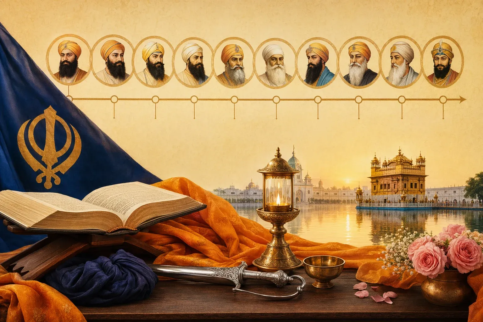 Editorial illustration for The Ten Sikh Gurus Explained in a Simple Timeline: Sikh cultural symbols and article-specific scene presented respectfully for a Bhaktilipi beginner guide.