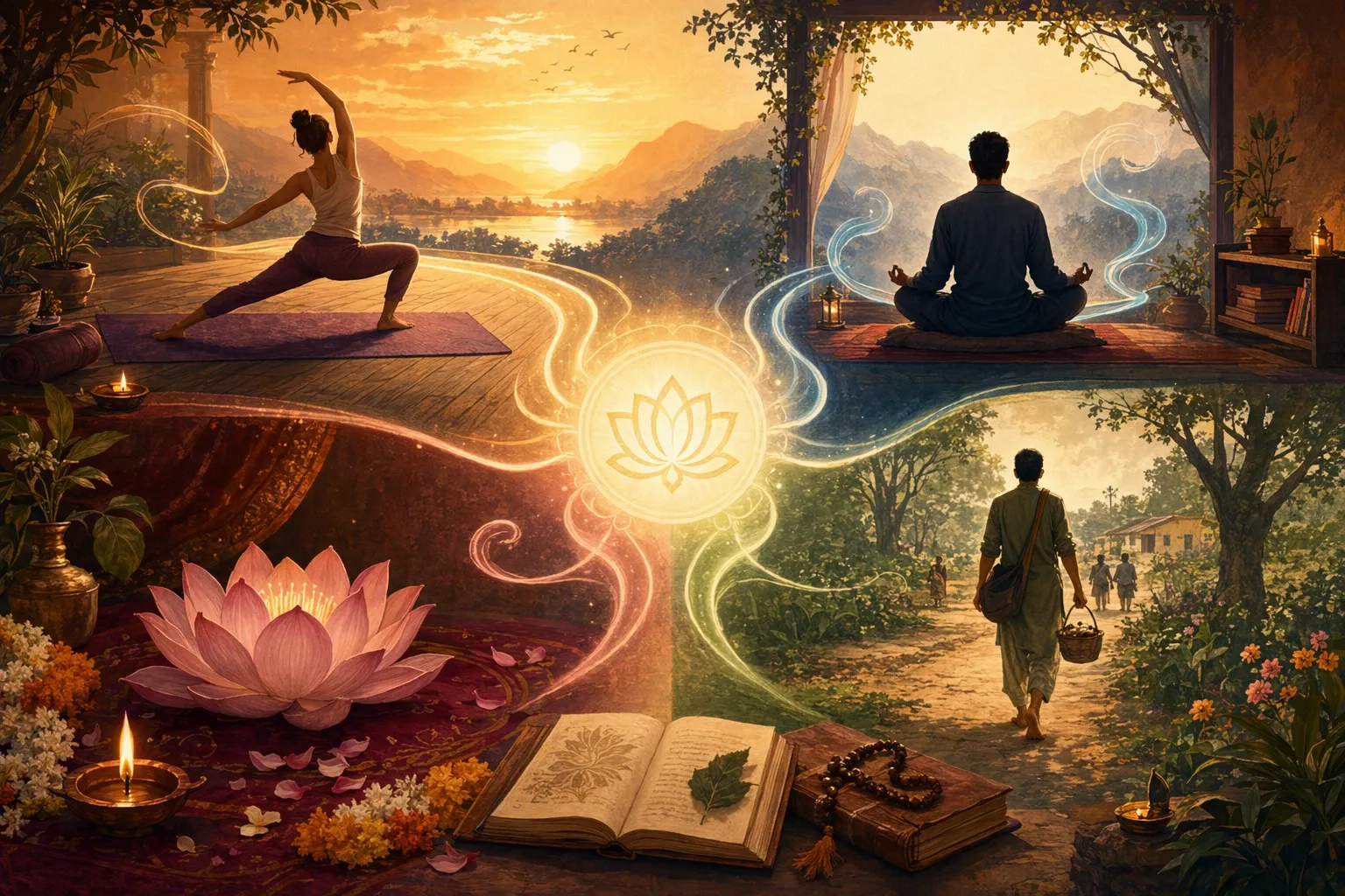 Symbolic yoga illustration showing four distinct paths around one glowing center: posture mat, meditation seat, devotional flower, and service footsteps.
