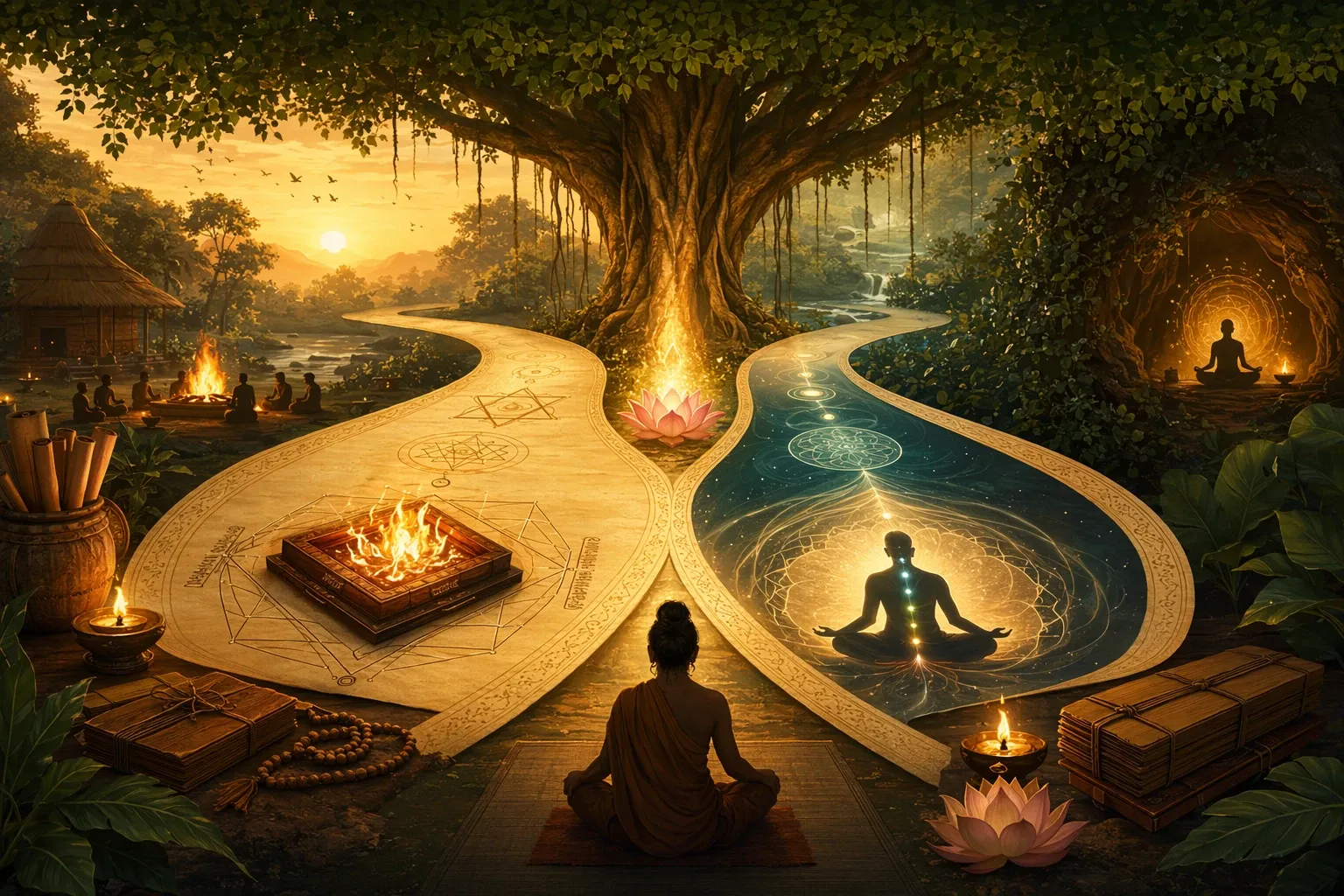 Symbolic Upanishads illustration with two connected parchment streams, one with Vedic fire geometry and one with inner meditation lamp, meeting under a shared sacred-tree canopy.