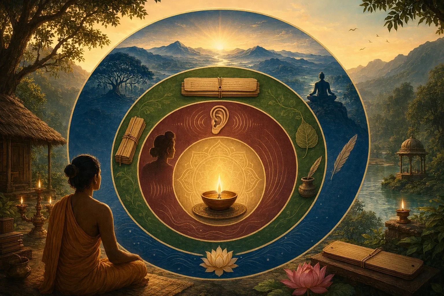 Symbolic Upanishads illustration with three nested knowledge rings: listening ear motif, scripture leaf, and Vedanta horizon, with a lamp at the center and clean classification geome...
