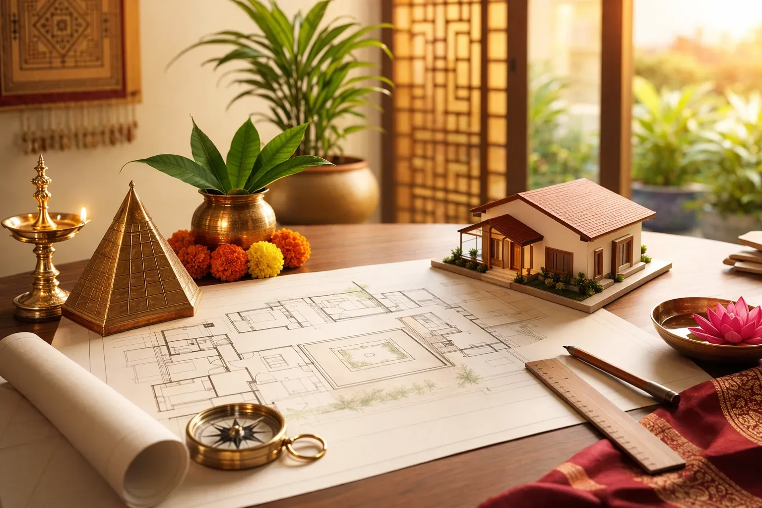 Vastu house plan illustration with architectural blueprint, house model, compass, measuring tools, and Indian design motifs.