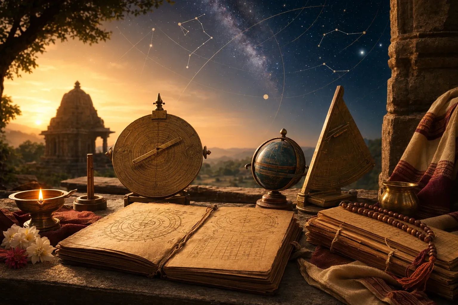 Vedanga Jyotisha: Time-Keeping, Calendar and Astronomy in Vedic Study illustration with manuscripts, lamp, and Indian learning symbols.