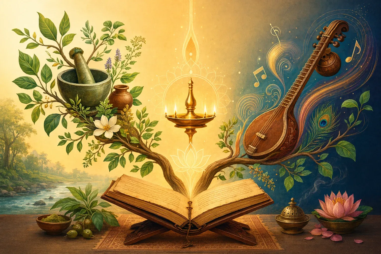 Healing leaves and music strings growing as two branches from a Vedic manuscript, showing Ayurveda and music links.