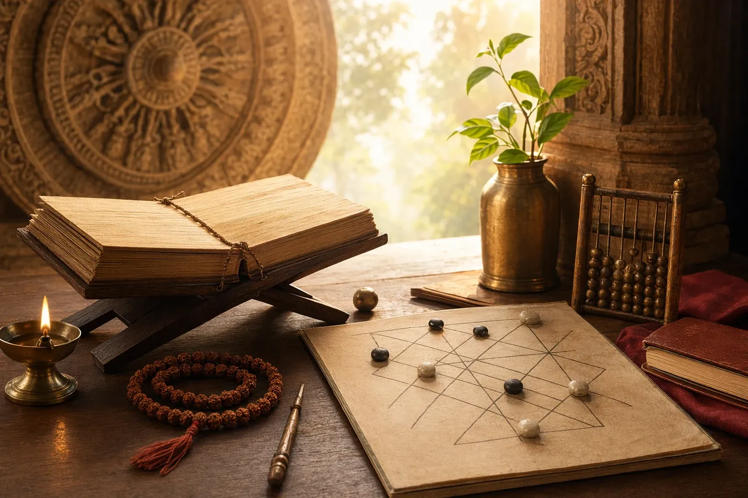 Editorial illustration for Vedic Mathematics: Meaning, Methods, and What Beginners Should Know: a concrete article-specific Indian cultural editorial scene for Vedic Mathematics: Mea...