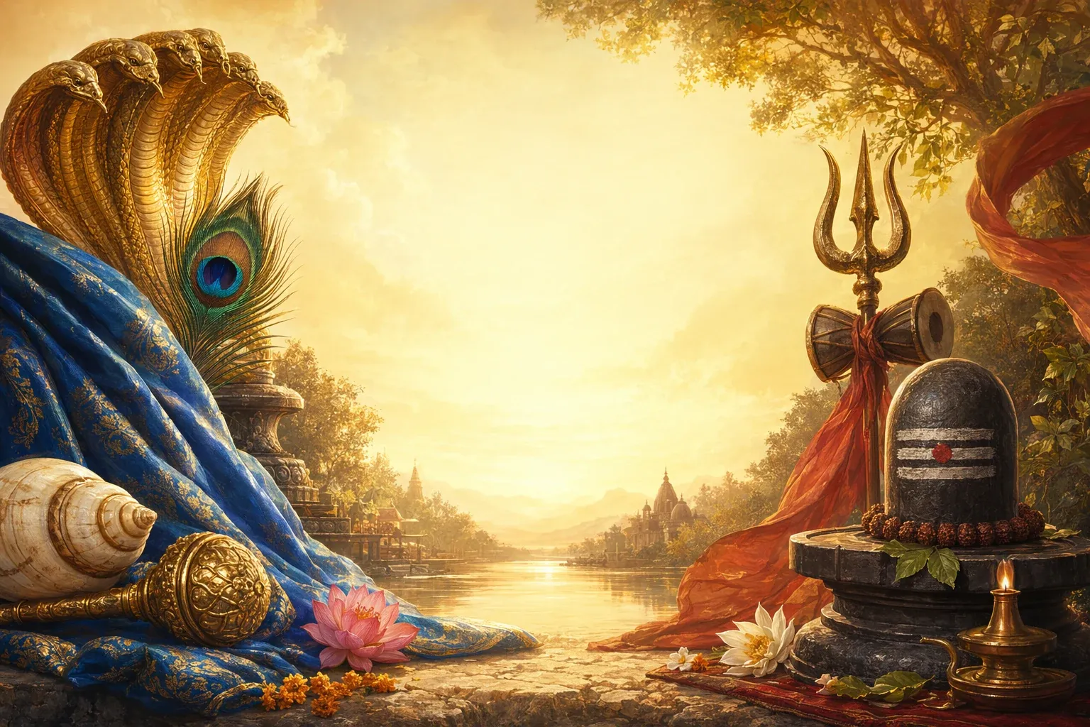 Respectful Vishnu and Shiva comparison illustration with conch, chakra, trident, lingam, lotus, and balanced devotional symbolism.