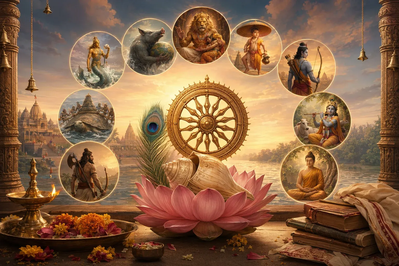 Dashavatara-inspired Vishnu avatar illustration with respectful symbolic scenes arranged around sacred Vishnu imagery.