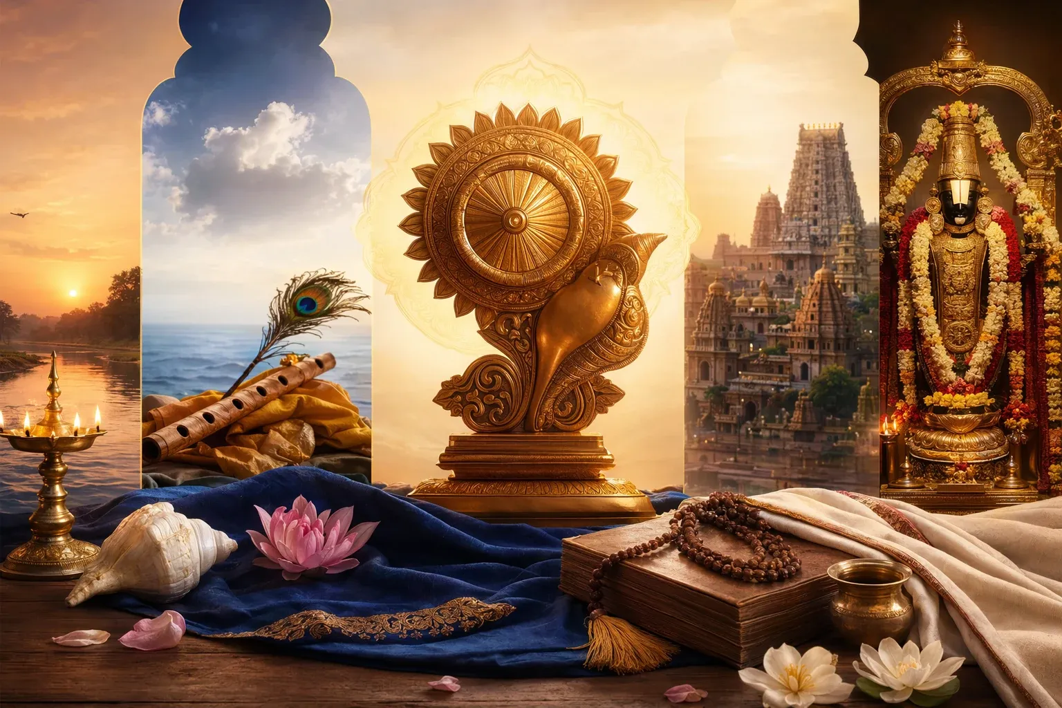 Vishnu, Krishna, Narayana, and Venkateswara comparison illustration with respectful devotional symbols and temple elements.