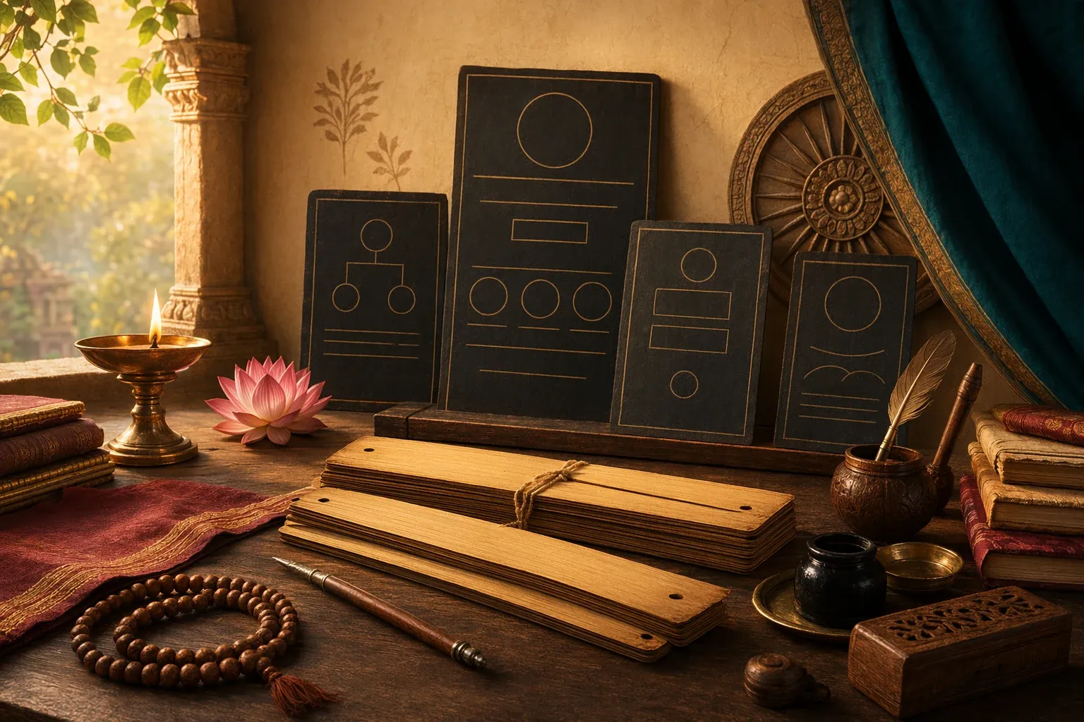 Vyakarana Vedanga: Sanskrit Grammar and the Language of the Vedas illustration with manuscripts, lamp, and Indian learning symbols.