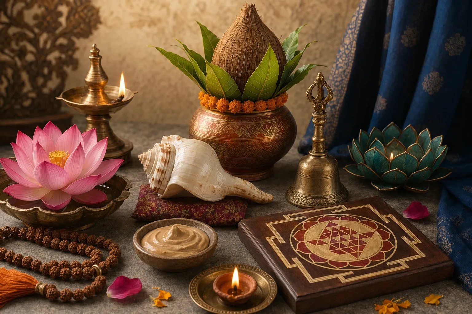 Respectful arrangement of Hindu symbols including diya, kalash, lotus, shankha, rudraksha, and sacred geometry.