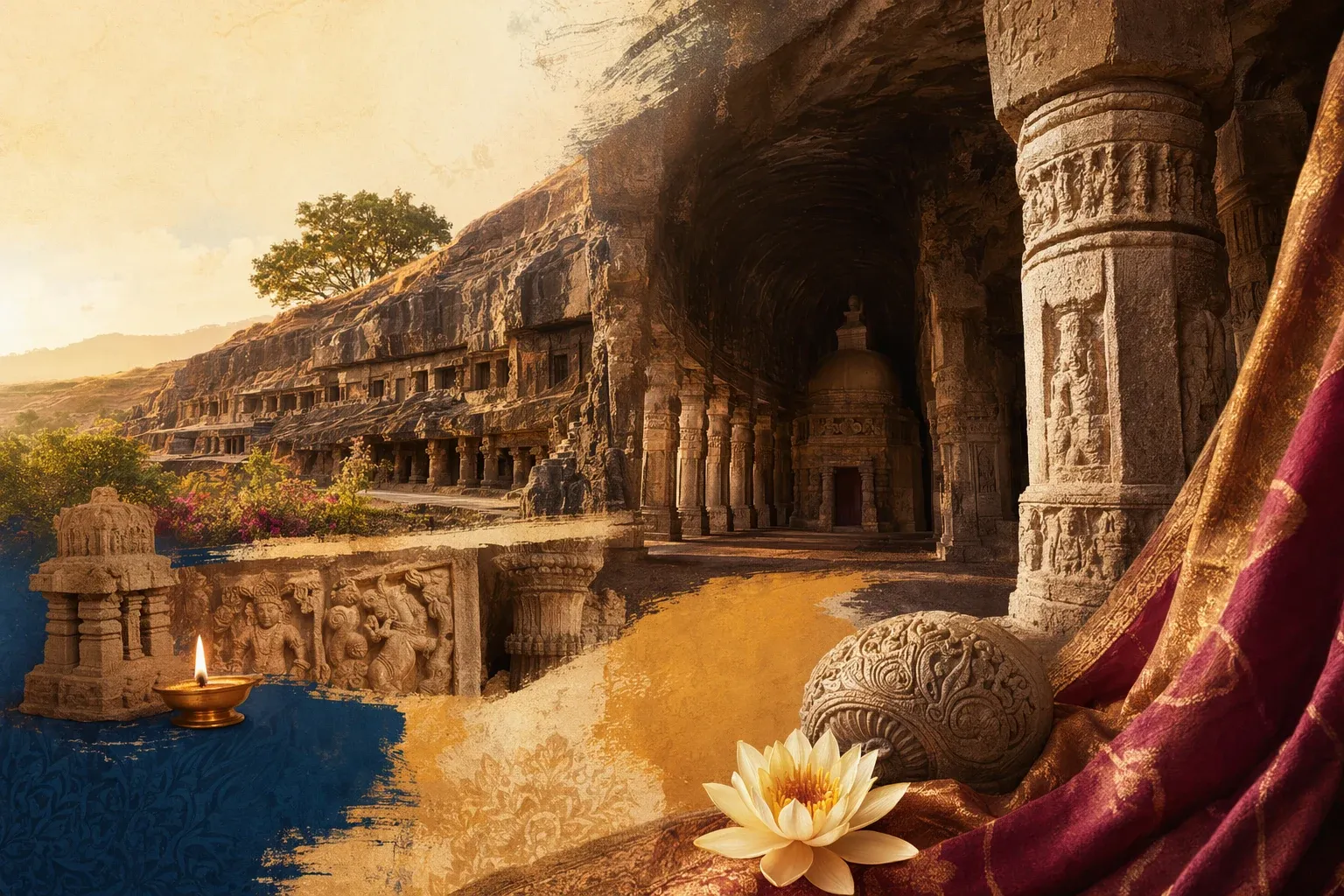 What Are Indian Cave Temples? A Simple Beginner Guide illustration with Indian rock-cut cave architecture and sacred art.