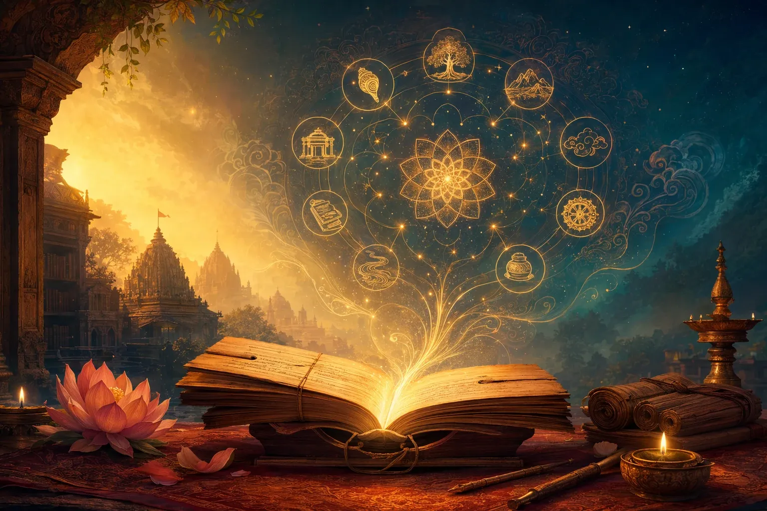 Symbolic illustration of an open Purana manuscript with glowing story constellations, diyas, lotus petals, and a temple-library silhouette.