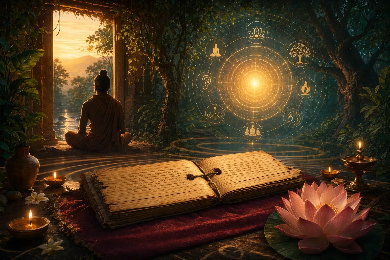 Symbolic Upanishads illustration with open palm-leaf manuscript, glowing inner-light circle, quiet forest ashram doorway, lotus, diyas, and subtle concentric knowledge ripples.