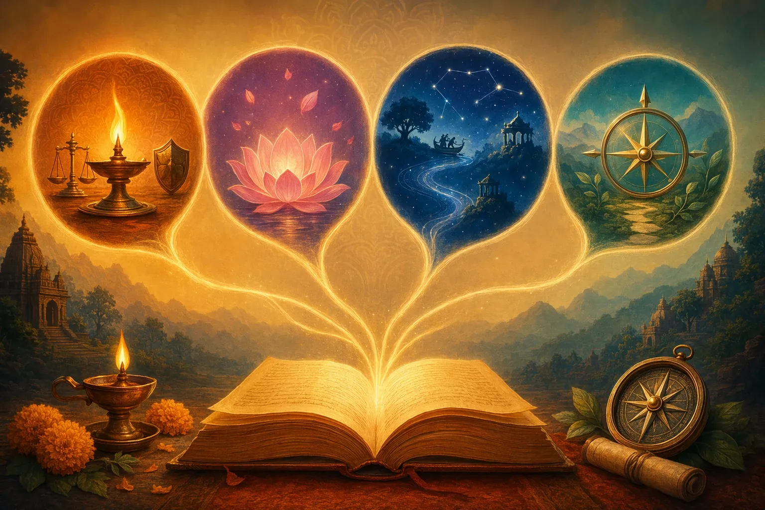 Open Purana manuscript sending out paths of a dharma lamp, bhakti lotus, story constellation, and life compass.