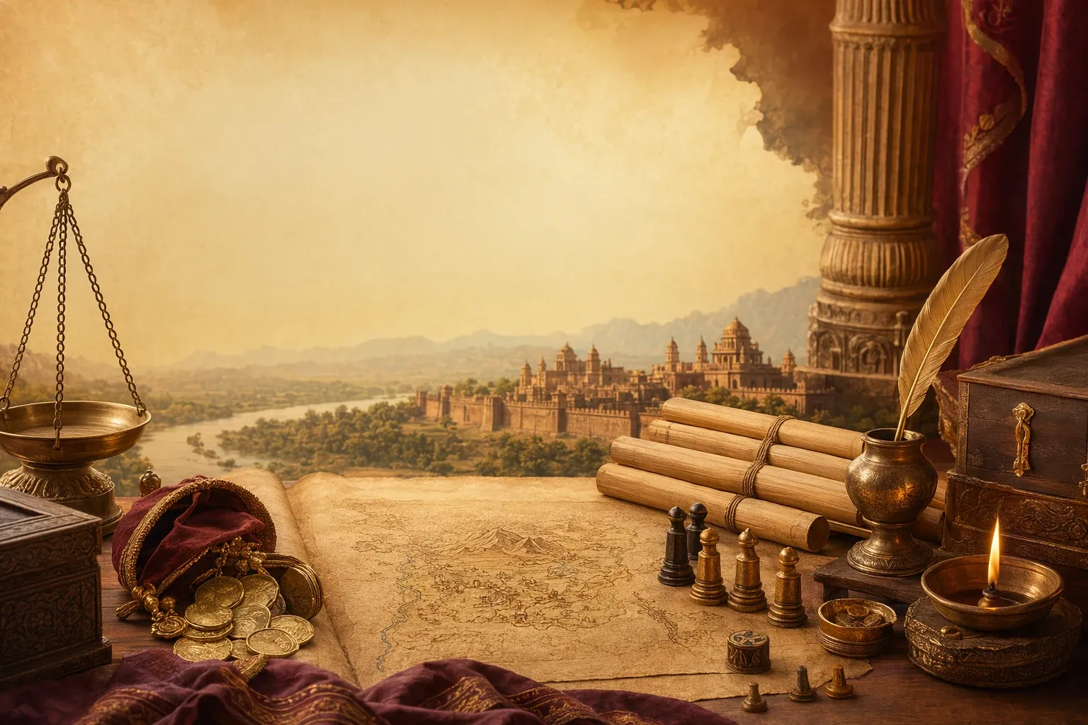 What Is Arthashastra? Meaning and Main Ideas for Beginners illustration with ancient Indian manuscripts, statecraft symbols, learning objects, and warm historical setting.