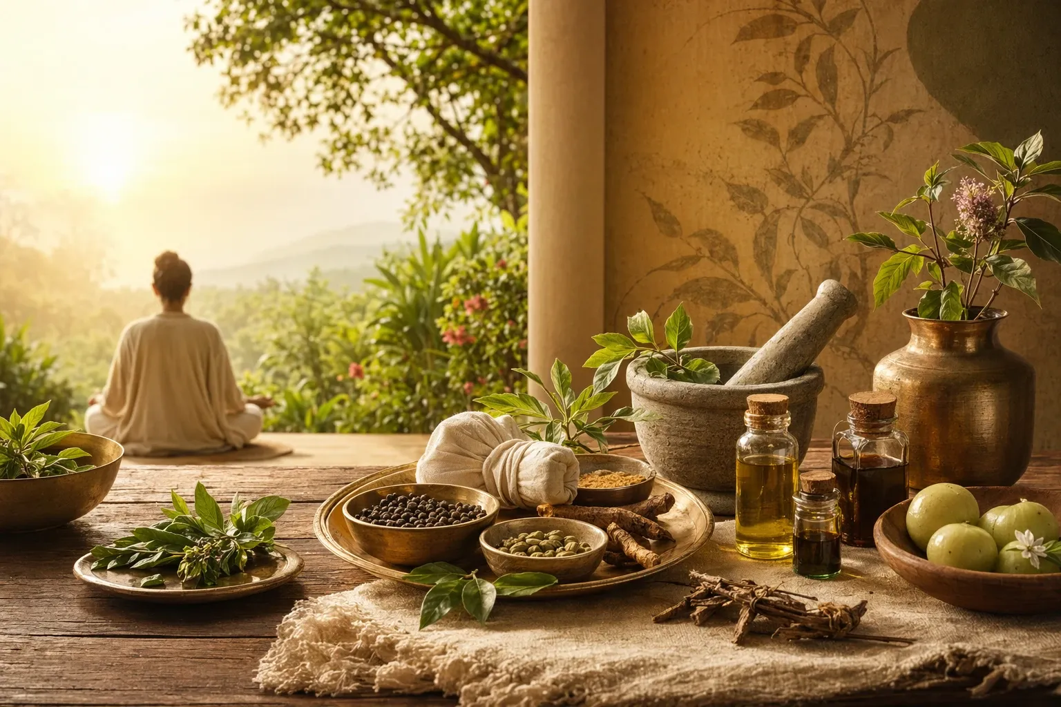 Ayurveda beginner illustration with herbs, oils, spices, mortar and pestle, and a calm wellness setting.