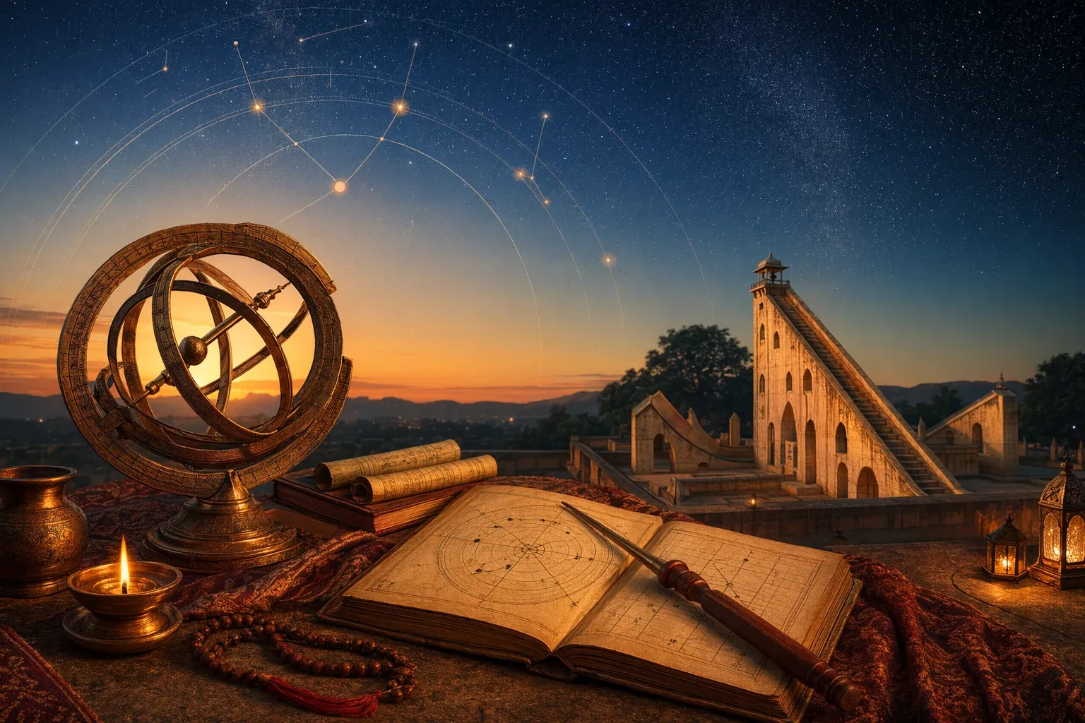 Editorial illustration for What Is Indian Astronomy? Meaning, History, and Why It Matters: a concrete article-specific Indian cultural editorial scene for What Is Indian Astronomy? M...