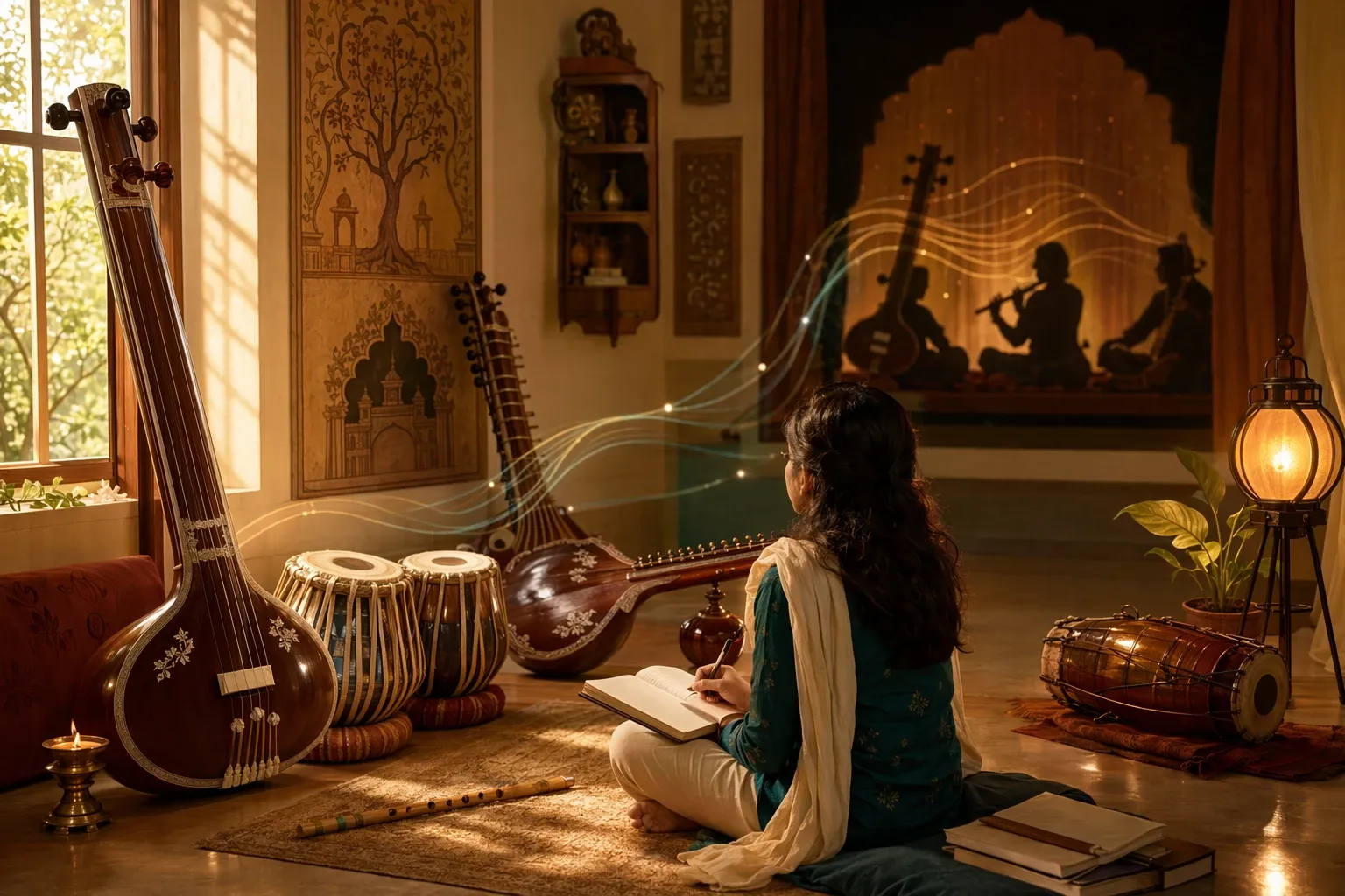 Indian classical music beginner illustration with traditional instruments, attentive listening, and guru-shishya learning elements.