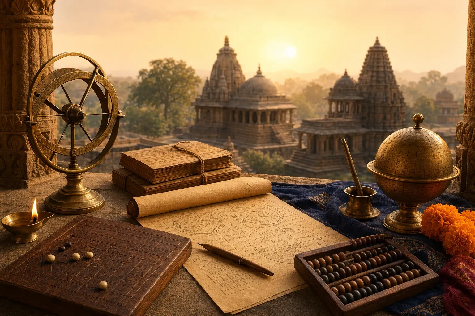 Editorial illustration for What Is Indian Mathematics? History and Meaning for Beginners: a concrete article-specific Indian cultural editorial scene for What Is Indian Mathematics?...